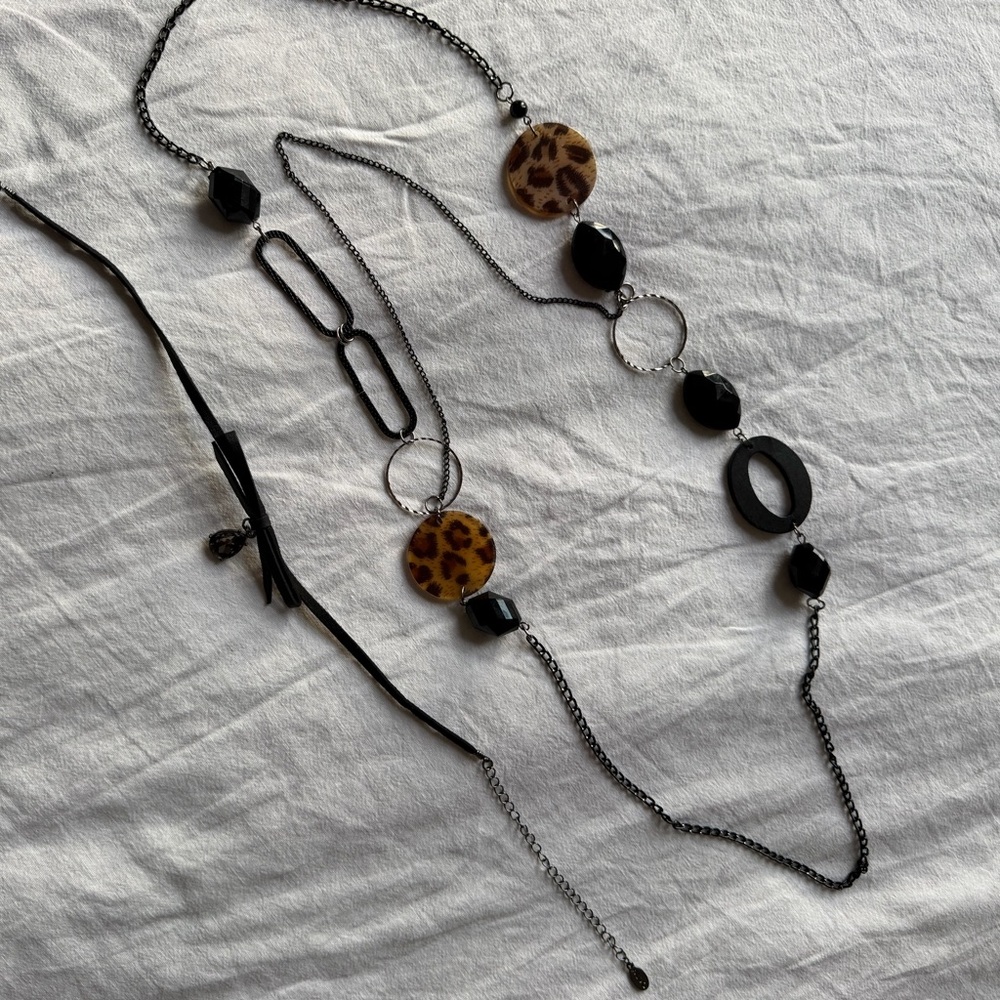 2 Necklace LOT! Black & Leopard Long Layered Necklace + Black Bow Choker
